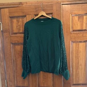 CeCe Forest Green Sequin Balloon Sleeve Top